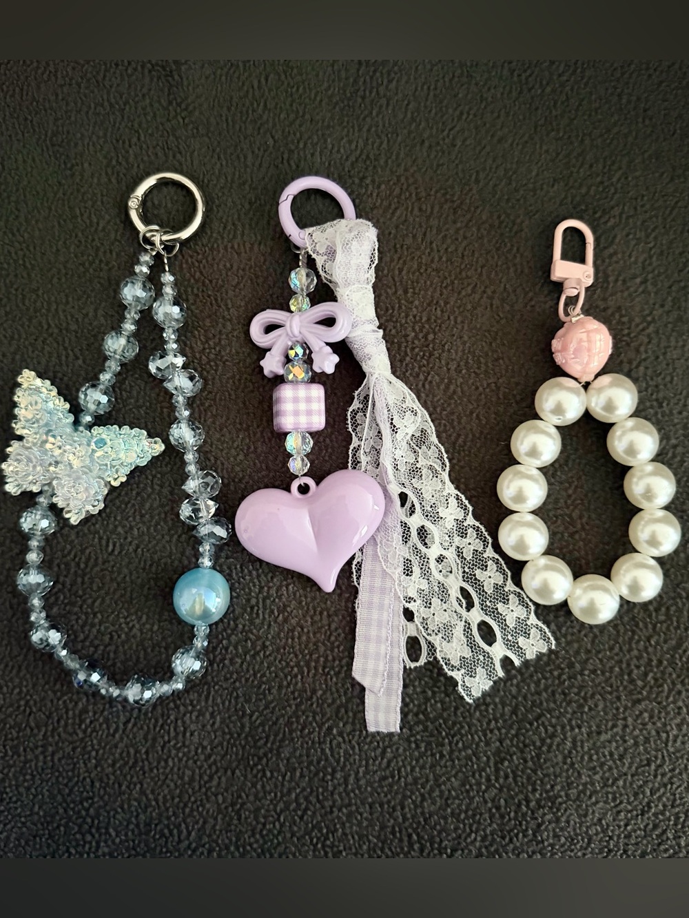Lilac Heart with Lace Tassel Bag Charm, Blue Butterfly and Pearl CP Wristlet